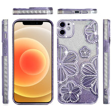 For iPhone 12/12 Pro Case Bling Floral 3D Glitter Phone Cover + Tempered Glass