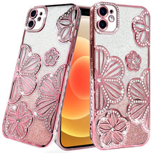 For iPhone 12/12 Pro Case Bling Floral 3D Glitter Phone Cover + Tempered Glass