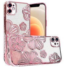 For iPhone 12/12 Pro Case Bling Floral 3D Glitter Phone Cover + Tempered Glass