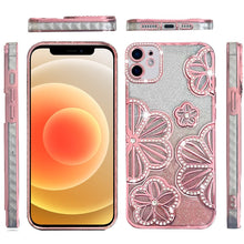 For iPhone 12/12 Pro Case Bling Floral 3D Glitter Phone Cover + Tempered Glass
