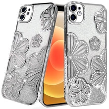 For iPhone 12/12 Pro Case Bling Floral 3D Glitter Phone Cover + Tempered Glass