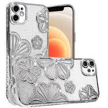 For iPhone 12/12 Pro Case Bling Floral 3D Glitter Phone Cover + Tempered Glass