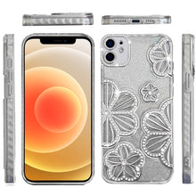 For iPhone 12/12 Pro Case Bling Floral 3D Glitter Phone Cover + Tempered Glass