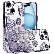 For iPhone 15 Case Bling Floral 3D Rhinestone Glitter Cover + 2 Tempered Glass