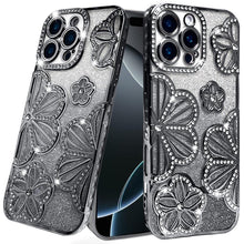 For iPhone 16 Pro 6.3in Case Bling Floral 3D Glitter Phone Cover +Tempered Glass
