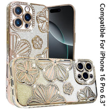 For iPhone 16 Pro 6.3in Case Bling Floral 3D Glitter Phone Cover +Tempered Glass
