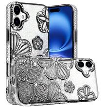 For iPhone 17 Case Bling Floral 3D Glitter on TPU Phone Cover + Tempered Glass