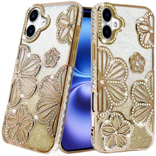 For iPhone 17 Case Bling Floral 3D Glitter on TPU Phone Cover + Tempered Glass