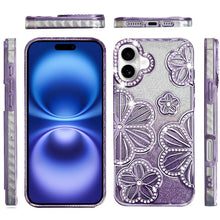 For iPhone 17 Case Bling Floral 3D Glitter on TPU Phone Cover + Tempered Glass