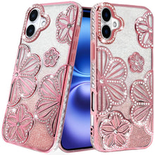 For iPhone 17 Case Bling Floral 3D Glitter on TPU Phone Cover + Tempered Glass