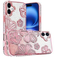 For iPhone 17 Case Bling Floral 3D Glitter on TPU Phone Cover + Tempered Glass