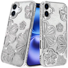 For iPhone 17 Case Bling Floral 3D Glitter on TPU Phone Cover + Tempered Glass