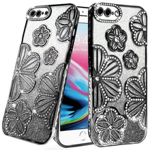 For iPhone 8 Plus/7 Plus Case Bling Floral 3D Glitter Cover + Tempered Glass