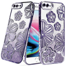 For iPhone 8 Plus/7 Plus Case Bling Floral 3D Glitter Cover + Tempered Glass