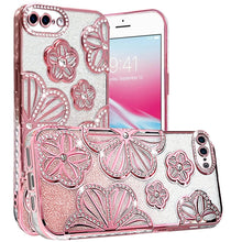 For iPhone 8 Plus/7 Plus Case Bling Floral 3D Glitter Cover + Tempered Glass