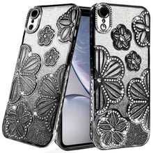 For iPhone XR Case Bling Floral 3D Glitter Rhinestone Cover + Tempered Glass