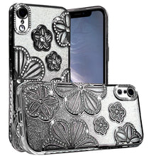 For iPhone XR Case Bling Floral 3D Glitter Rhinestone Cover + Tempered Glass