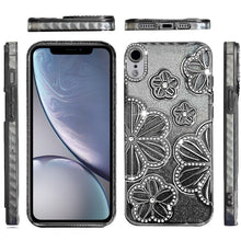 For iPhone XR Case Bling Floral 3D Glitter Rhinestone Cover + Tempered Glass