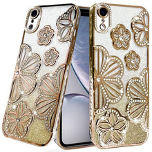 For iPhone XR Case Bling Floral 3D Glitter Rhinestone Cover + Tempered Glass