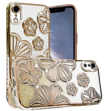 For iPhone XR Case Bling Floral 3D Glitter Rhinestone Cover + Tempered Glass