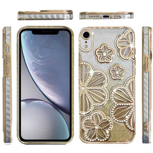 For iPhone XR Case Bling Floral 3D Glitter Rhinestone Cover + Tempered Glass
