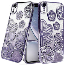 For iPhone XR Case Bling Floral 3D Glitter Rhinestone Cover + Tempered Glass