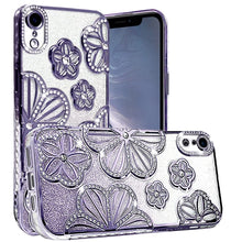 For iPhone XR Case Bling Floral 3D Glitter Rhinestone Cover + Tempered Glass