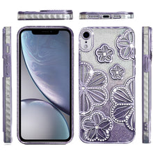 For iPhone XR Case Bling Floral 3D Glitter Rhinestone Cover + Tempered Glass
