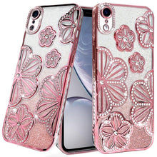 For iPhone XR Case Bling Floral 3D Glitter Rhinestone Cover + Tempered Glass
