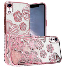 For iPhone XR Case Bling Floral 3D Glitter Rhinestone Cover + Tempered Glass