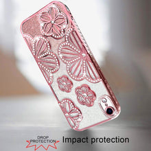 For iPhone XR Case Bling Floral 3D Glitter Rhinestone Cover + Tempered Glass