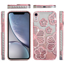 For iPhone XR Case Bling Floral 3D Glitter Rhinestone Cover + Tempered Glass