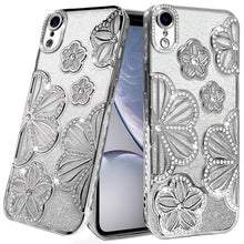 For iPhone XR Case Bling Floral 3D Glitter Rhinestone Cover + Tempered Glass