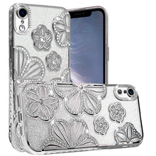 For iPhone XR Case Bling Floral 3D Glitter Rhinestone Cover + Tempered Glass