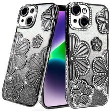 For iPhone 13/14 Case Bling Floral 3D Glitter Rhinestone Cover + Tempered Glass