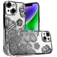 For iPhone 13/14 Case Bling Floral 3D Glitter Rhinestone Cover + Tempered Glass