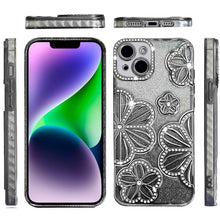 For iPhone 13/14 Case Bling Floral 3D Glitter Rhinestone Cover + Tempered Glass