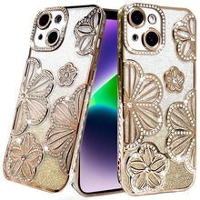 For iPhone 13/14 Case Bling Floral 3D Glitter Rhinestone Cover + Tempered Glass