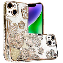 For iPhone 13/14 Case Bling Floral 3D Glitter Rhinestone Cover + Tempered Glass