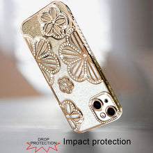 For iPhone 13/14 Case Bling Floral 3D Glitter Rhinestone Cover + Tempered Glass