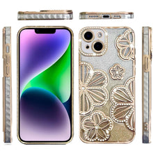 For iPhone 13/14 Case Bling Floral 3D Glitter Rhinestone Cover + Tempered Glass