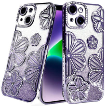 For iPhone 13/14 Case Bling Floral 3D Glitter Rhinestone Cover + Tempered Glass