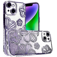 For iPhone 13/14 Case Bling Floral 3D Glitter Rhinestone Cover + Tempered Glass