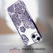 For iPhone 13/14 Case Bling Floral 3D Glitter Rhinestone Cover + Tempered Glass