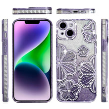 For iPhone 13/14 Case Bling Floral 3D Glitter Rhinestone Cover + Tempered Glass