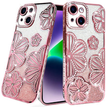 For iPhone 13/14 Case Bling Floral 3D Glitter Rhinestone Cover + Tempered Glass