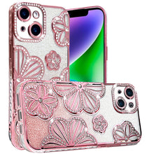 For iPhone 13/14 Case Bling Floral 3D Glitter Rhinestone Cover + Tempered Glass