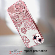 For iPhone 13/14 Case Bling Floral 3D Glitter Rhinestone Cover + Tempered Glass