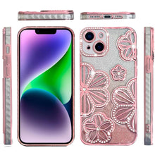 For iPhone 13/14 Case Bling Floral 3D Glitter Rhinestone Cover + Tempered Glass