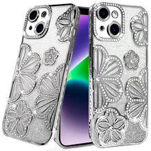 For iPhone 13/14 Case Bling Floral 3D Glitter Rhinestone Cover + Tempered Glass